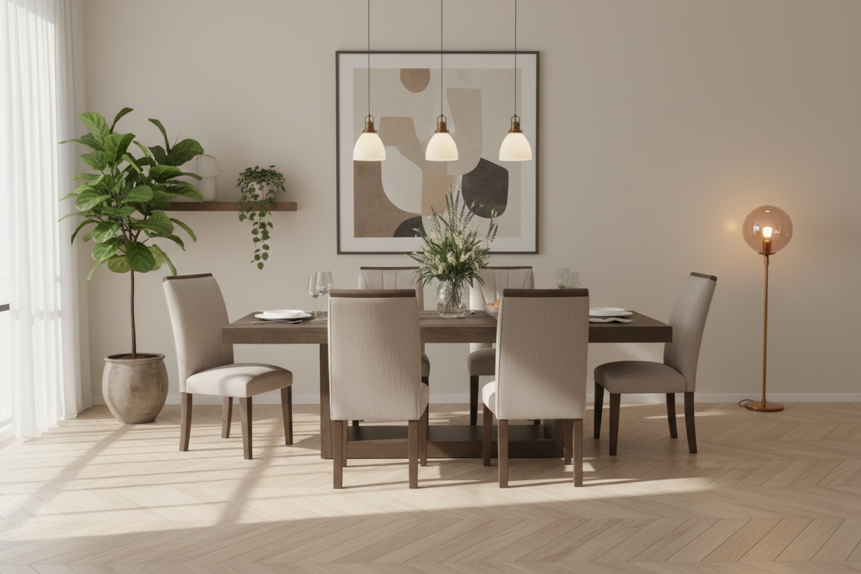 A dining set from the Kudratt showroom, styled in a warm, lamp-lit room